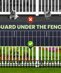 14 Pack No Dig Fence Panels 19.5 Feet Long And 13 Inch High Animal Barrier for dogs and small pets shown under white fence.