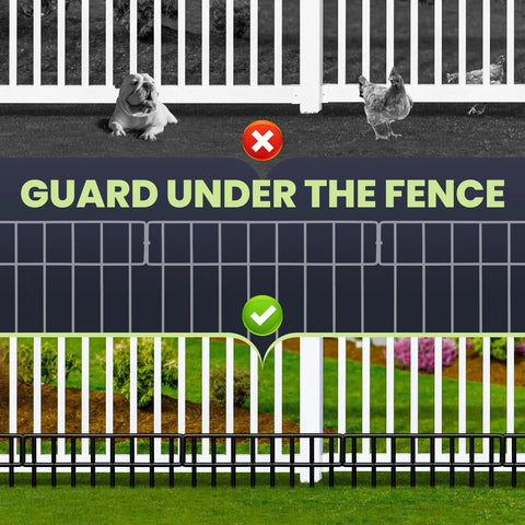 14 Pack No Dig Fence Panels 19.5 Feet Long And 13 Inch High Animal Barrier for dogs and small pets shown under white fence.