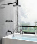 Matte Black 10 Inch Rainfall Shower Head With Tub And Shower Trim Kit And Rough In Valve, Wall Mount Rain Shower System