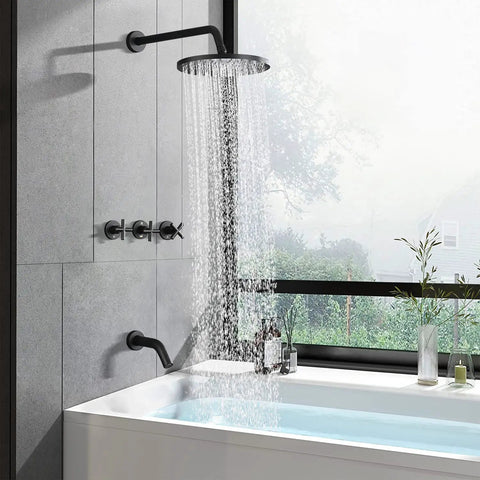 Matte Black 10 Inch Rainfall Shower Head With Tub And Shower Trim Kit And Rough In Valve, Wall Mount Rain Shower System