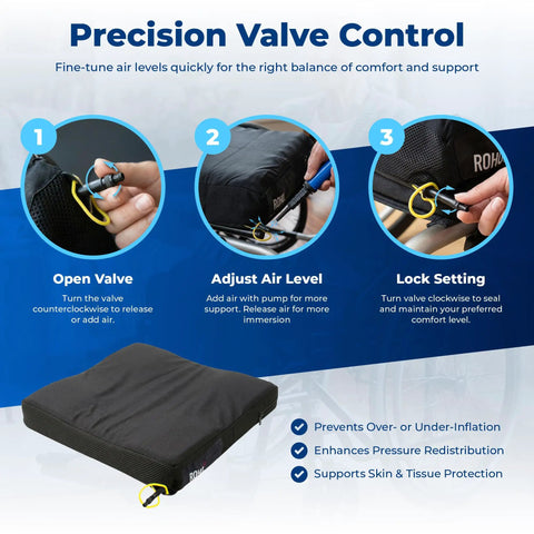 Roho Low Profile Air Cell Wheelchair Cushion Adjustable Inflatable Seat Pad 16-17 Inch showing valve adjustment features for comfort.