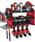 Wall Mounted Power Tool Organizer Three Tier Storage Rack With Four Drill Holders Side Pegboards And Hooks For Garage