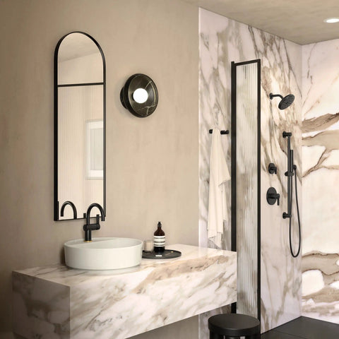 Matte Black Shower Arm With Matching Flange Included No-Fuss Install 1/2-Inch IPS Connection in sleek modern bathroom