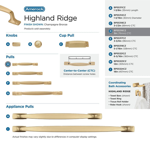 Product diagram showing Champagne Bronze Cabinet Pull Highland Ridge 3 Inch Center To Center 4 5 16 Inches Overall Length options.