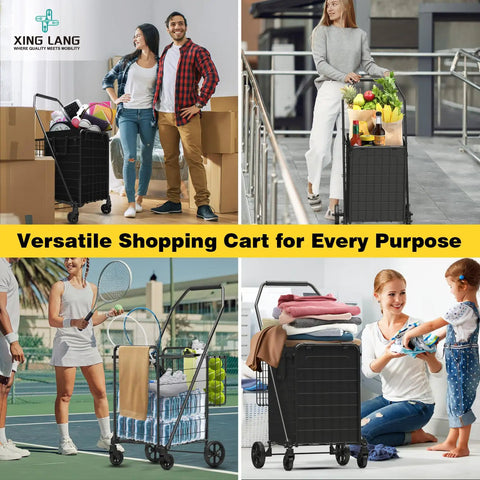Heavy Duty Folding Shopping Cart With Double Basket And 380 Pound Capacity, 3.7 Cu Ft Portable Grocery Cart with tennis gear, groceries, and laundry.