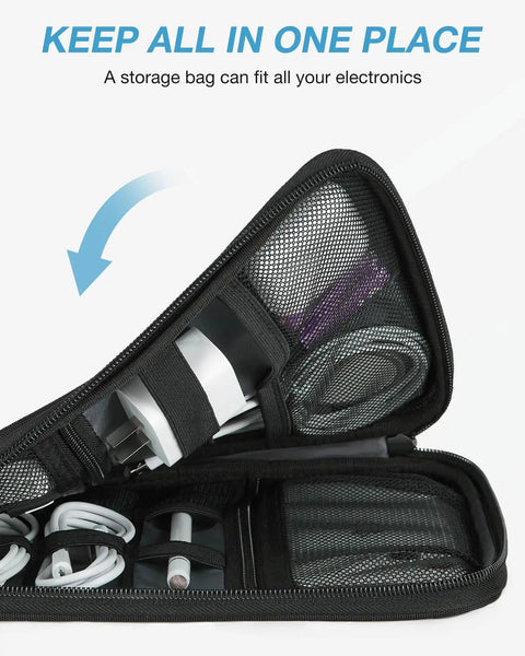 Travel Ready Electronics Organizer Case For Cords And Tech Gear with mesh pockets holding chargers and cables, open view
