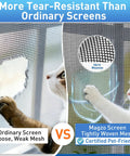 Side-by-side comparison of ordinary screen with a tear and pet-resistant screen showing durability for Pet Resistant Window Screen Replacement Mesh 48W X 99L 2 Pack Durable Polyester DIY Repair Kit For Sliding Doors Windows And Patio Lets Fresh Air In While Keeping Bugs Out.