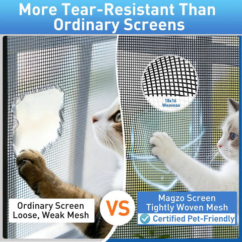Side-by-side comparison of ordinary screen with a tear and pet-resistant screen showing durability for Pet Resistant Window Screen Replacement Mesh 48W X 99L 2 Pack Durable Polyester DIY Repair Kit For Sliding Doors Windows And Patio Lets Fresh Air In While Keeping Bugs Out.