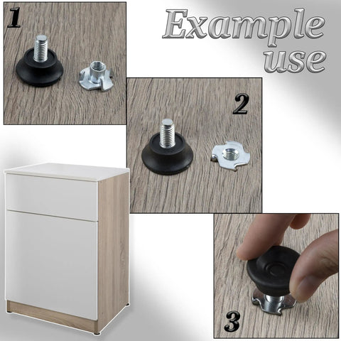 Set Of 4 M8 Adjustable Furniture Jack Feet For Screws And 4 M8 X 11 Claw Nuts For Wood Plastic And Steel shown with cabinet