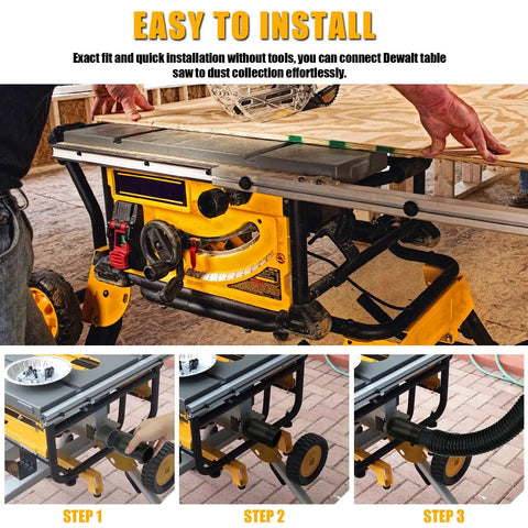 Table Saw Vacuum Adapter That Lets You Hookup The Two And A Half Inch Table Saw Outlet To A One And Seven Eighths Inch Shop Vac Hose For Dewalt DWE7491RS And DXV10P Dust Collectors in use with installation steps.