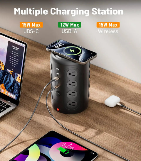 Beefy 21 in 1 Heavy Duty Power Strip Tower With 16 Outlets And 5 USB Ports USB A And USB C on desk with charging devices