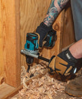 18V LXT Brushless Cordless Hammer Drill And Impact Driver Combo Kit in use on wood, showcasing Beast Mode Power and dual speed settings for tough jobs