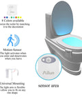 Diagram of Motion Activated Toilet Night Light 3 Pack With 8 Color Changing LED Lights showing install process and glow in toilet bowl
