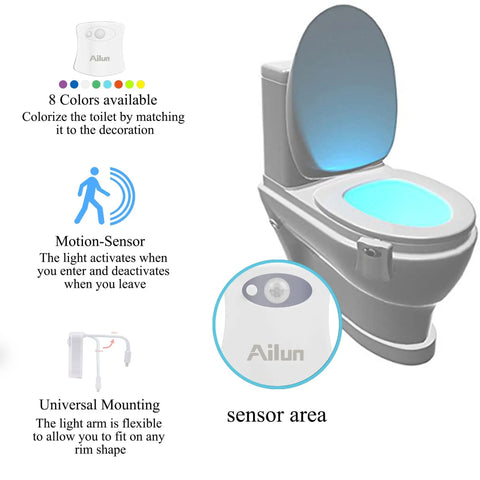 Diagram of Motion Activated Toilet Night Light 3 Pack With 8 Color Changing LED Lights showing install process and glow in toilet bowl