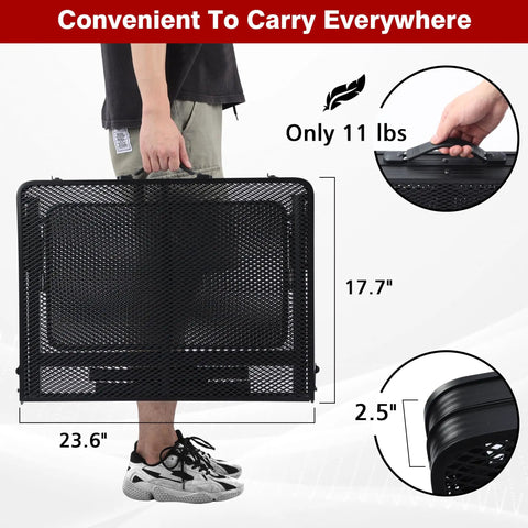Person carrying Folding Grill Table With Extendable Wing Panels, 3x2 Ft Portable Camping Table, mesh desktop, convenient size.