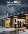 Heavy Duty Portable Power Station With 3840 Wh LiFePO4 Battery And 6000 W Output next to garage in snowy setting.
