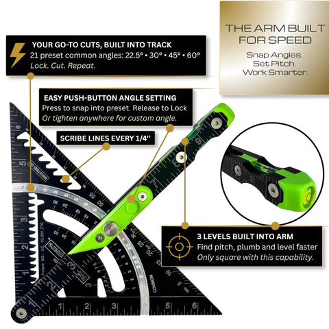 Precision Aluminum 7 Inch Rafter Square With Locking Pivot Arm And Angle Finder Featuring Three Level Vials To Hit Every Mark On Woodworking And Framing Jobs With Zero Hassle Adjustments And Rock Solid Reliability, showing angle settings and built-in levels.