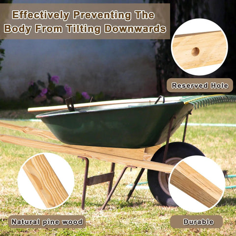 59 Inch Wood Wheelbarrow Handles Kit With Two Wedges shown on a wheelbarrow in a garden with pre-drilled holes and seal coat finish