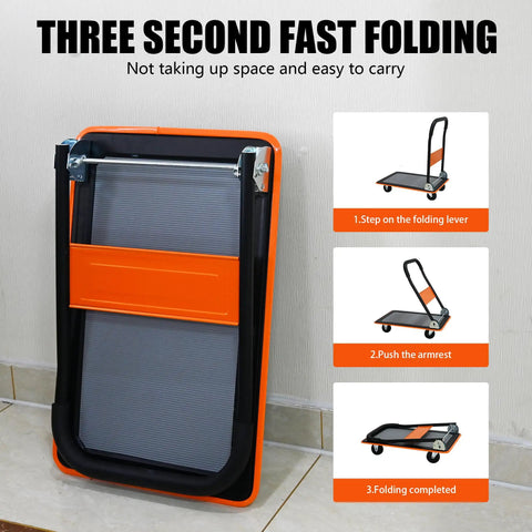 Smooth Rolling Heavy Duty Hauler Boasting 330 Pound Capacity And 360 Swivel Silent Wheels Makes Moving Gear A Breeze Grab This Solid Orange Platform Dolly Folded for easy storage.