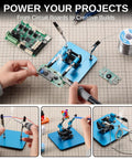 Soldering Helping Hands Set with 360 Degree Adjustable Magnetic Arms and Four Gooseneck Clamps Compact Steel Base in use for electronics repair