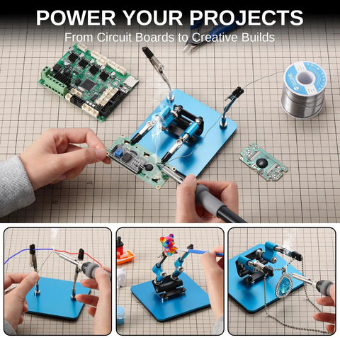 Soldering Helping Hands Set with 360 Degree Adjustable Magnetic Arms and Four Gooseneck Clamps Compact Steel Base in use for electronics repair