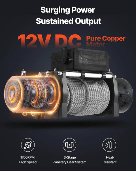 12,000 Pound Electric Winch For Trucks And Off Road Rigs With 0.36 Inch By 80 Foot Steel Rope, Wireless And Wired Remote Control, IP55 Waterproof, Ideal For SUV Jeep Trailer Boat Recovery, 12V DC motor and steel rope close-up