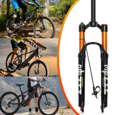 Image of a Lightweight 120mm Travel Air Suspension Fork For XC And AM Mountain Bikes One Eighth Inch Straight Steerer Quick Release 9mm X 100mm Manual And Remote Lockout Rebound Adjustable Front Fork Trail Ready with cyclists on mountain bikes.