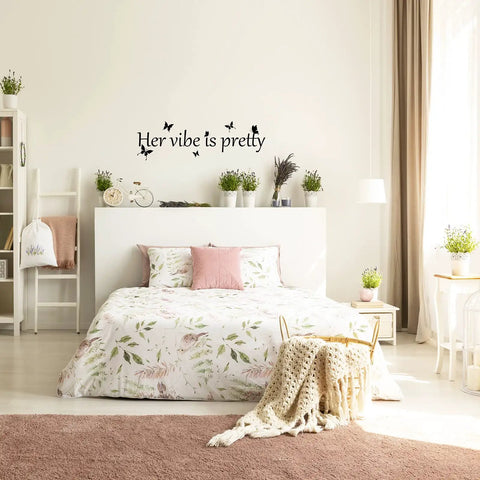 Bedroom with 'Her vibe is pretty' butterfly wall decal, stylish decor, Vibe Is Pretty Butterfly Wall Decal With Inspirational Quotes For Women Office Black 31.5 X 9.4 Inch Simple Style Mood Boost Sticker That Pops On Any Wall visible.