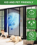 Heavy Duty PET Magnetic Screen Door With Double Door Closure For Sliding And Patio Doors No Fuss Setup Pet Proof Tear Resistant Mesh Upgraded Durable Screen Fits 72x80 Inches Easy Pass Through For Pets And People installed on sliding door with kid and dog