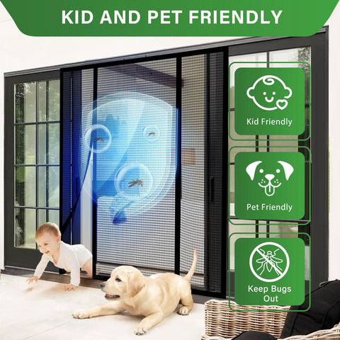Heavy Duty PET Magnetic Screen Door With Double Door Closure For Sliding And Patio Doors No Fuss Setup Pet Proof Tear Resistant Mesh Upgraded Durable Screen Fits 72x80 Inches Easy Pass Through For Pets And People installed on sliding door with kid and dog