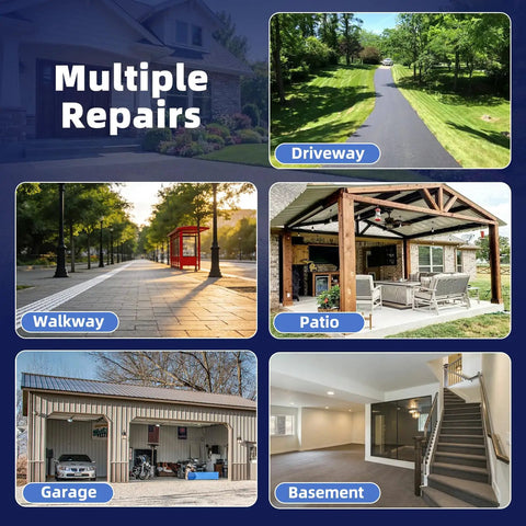 Image displaying multiple repair areas: a driveway, walkway, patio, garage, and basement suitable for Self Leveling Concrete Crack Filler 2.2lb High Elasticity For Driveways Walkways And Patios DIY Friendly Indoor Outdoor Repair That Flows Smoothly Fills Cracks Quickly And Leaves A Smooth Finish.