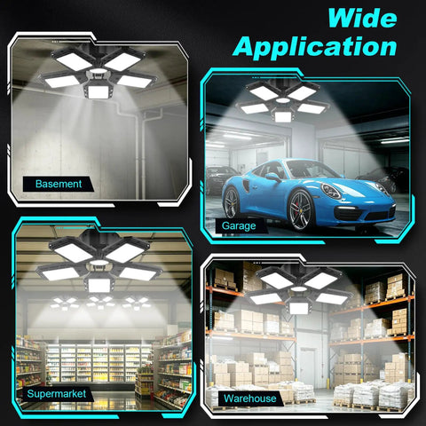 Deformable LED Garage Light With Six Adjustable Panels for garage, workshop, basement, illuminating various spaces