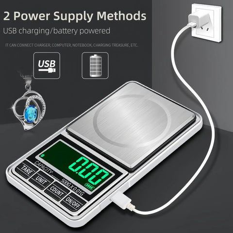 Pocket Scale Digital Jewelry Scale 500g 0.01g Accuracy USB Rechargeable scale with USB cable connected