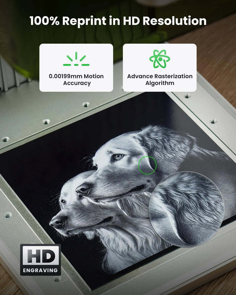 Front view of silver xTool F1 2-in-1 laser engraver showing dog engraving on a metal panel and HD engraving badge