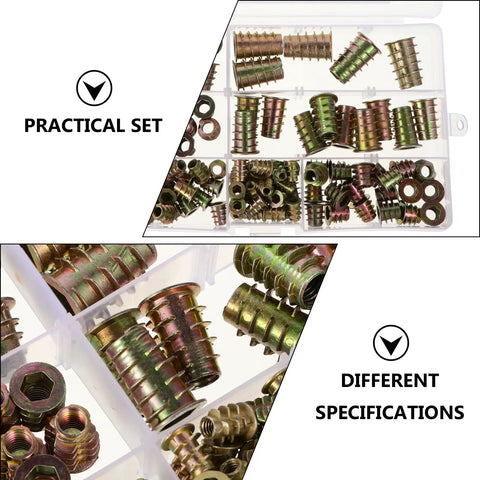 Heavy Duty Zinc Alloy T Nut Insert Kit For Woodworking And T Slot Track Applications, 120 Pcs Lock Nut Set in case close-up