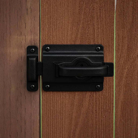 Heavy Duty Swinging Door Latch For Interior And Exterior Use With WeatherGuard Protection In Black installed on wooden door