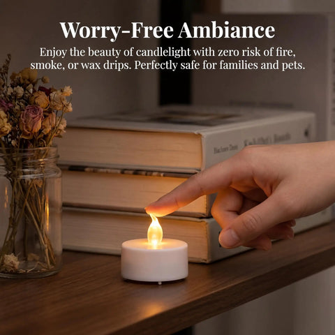 Hand touching Flameless Tea Lights Battery Operated Candles Set Of 24 LED Flickering Votive Candles for home decor on shelf
