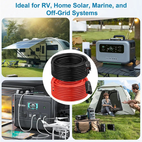 Collage of RV, solar setups, and a coiled Tough 10AWG Solar Extension Cable 3Ft Red and Black PV Wire for Off Grid Systems