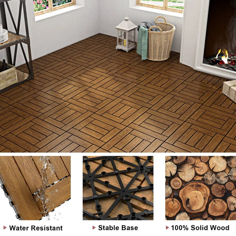 Interlocking Pine Deck Tiles 27 Pack 11.8 By 11.8 Inches Outdoor Patio Flooring Waterproof All Weather natural wood checked