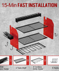 Exploded view of a Wall Mounted Power Tool Organizer With Charging Station Heavy Duty 3 Layer Tool Storage Rack With 4 Cordless Drill Holders and Battery Dock, featuring S hooks, side pliers holder, and an 8 outlet power strip, shown unassembled.