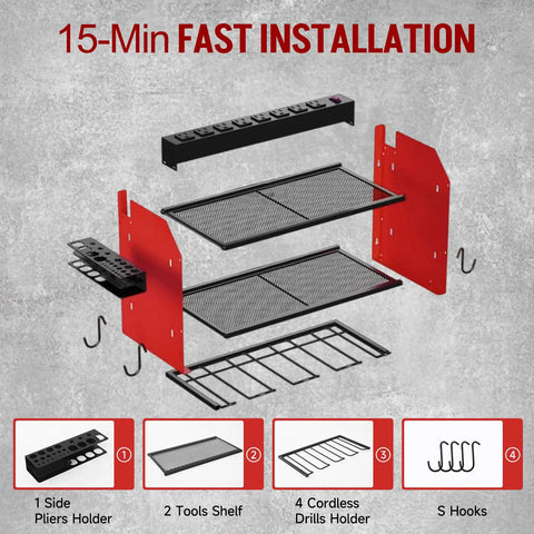 Exploded view of a Wall Mounted Power Tool Organizer With Charging Station Heavy Duty 3 Layer Tool Storage Rack With 4 Cordless Drill Holders and Battery Dock, featuring S hooks, side pliers holder, and an 8 outlet power strip, shown unassembled.