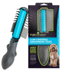 2-In-1 Dematting Grooming Tool For Dogs Prone To Matting With Built-In Finishing Comb Dual-Width Blades On Each Side And Curved Edges For Effortless Detangling Tangles And Smooth Fur. blue dog grooming tool and box