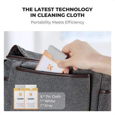 Front view of K&F Concept 2-pack microfiber lens cleaning cloths (6x7 in) in white and gray, pulled from a bag pocket