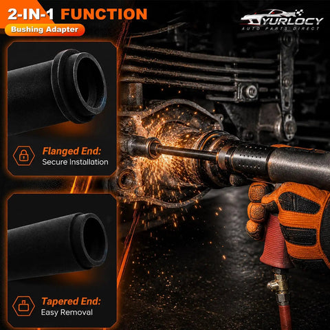 Beefed Up Truck Anchor Pin Bushing Driver Kit showing installation with flanged adapter, emphasis on sparks during use