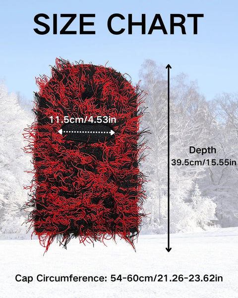 Size chart for Two Pack Winter Distressed Balaclava Knit Ski Mask For Women And Men Full Face Coverage Three In One Wearable in snowy background.