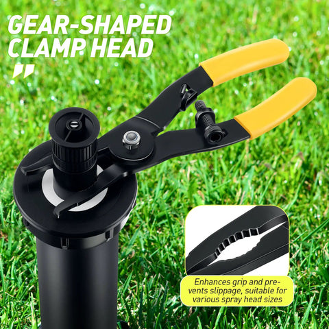 One Pack No Hassle Pop Up Sprinkler Head Tool For Easy Lift And Repair on lawn, gear-shaped clamp head visible.