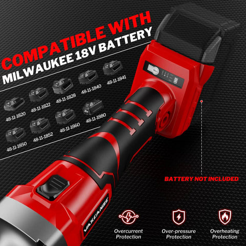 Cordless 1100W Brushless Braking Die Grinder With Three Level Variable Speed Up To 26000 RPM And One Quarter Inch Precision Chuck For Grinding Polishing And Drilling Compatible With 18V Batteries Battery Not Included with red and black casing, showing battery compatibility.