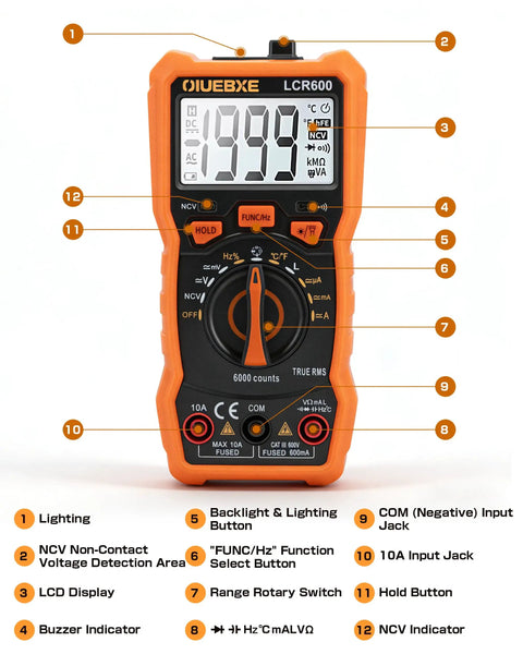 6000-Count Auto-Ranging LCR Meter Multimeter with detailed labelling of front features for DIY electronics and repair use