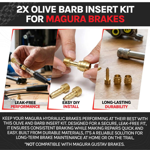 Olive And Barb Kit For Hydraulic Disc Brakes With Brass Inserts, Parts Displayed For Magura Leak Free Line Fittings