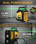 360 Degree Green Laser Level With Tripod And Carry Bag, self-leveling line laser with AA batteries and USB-C power